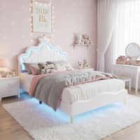 Letto singolo per bambina 140x190 cm imbottito, con LED, testiera a forma di fiore e corona, rete a doghe in legno, letto principessa in similpelle - Bianco