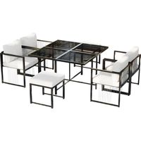 Salon de Jardin Carré 6 Places, Mobilier de Terrasse 7 Pièces avec Table en Verre Trempé Noir, Ensemble Repas Extérieur Noir et Blanc