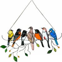 Multicolor Birds on a Wire High Stained Acrylic Suncatcher Window Hangings 7 Birds Pendant Ornaments