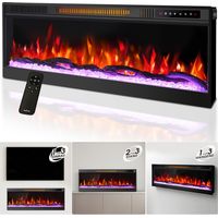 Cheminée électrique 60 pouces ultra-fin avec chauffage, 12 couleurs de flamme LED, silencieuse réchauffage rapide