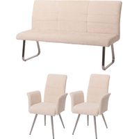 Esszimmer-Set HHG-219, 2er-Set Stuhl mit Armlehne+Sitzbank 160cm, Edelstahl gebürstet Stoff/Textil Chenille creme