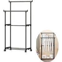 Perchero con ruedas, portátil, de doble barra, para dormitorio, sala de estar y tienda de ropa, color negro.