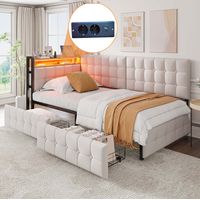 Sofá cama 90/200 cm beige de tela y metal con 2 cajones, luz LED y puerto USB
