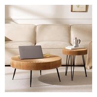 Lot de 2 tables basses rondes en bois au design linéaire, pieds en métal noir, dimensions 77x36 cm et 40x47 cm pour salon