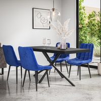 Donni Dining Table And Chairs - Black Table Top w Black Legs + Nova Velvet Dining Chair Set Of 4 (Blue)