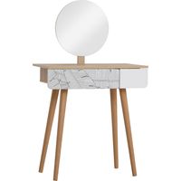 Table de maquillage avec miroir circulaire Ф39cm, tiroir décor jungle, 70x39x119-128cm, blanc et chêne