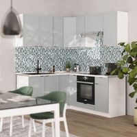 Cocina esquinera Fame-Line, Azul claro-gris-blanco, 160 x 190 cm , ET Mármol, Vicco