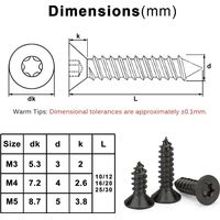 Vis à bois Torx - Vis M3 x 12 mm - Noir - Acier inoxydable A2 - Tête fraisée - Torx TX10 - 50 pièces