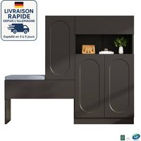 MODFU - Meuble à chaussures avec tabouret, 3 portes 1 tiroir, étagères réglables en hauteur, buffet d'entrée/salon, 130×35×110cm, noir