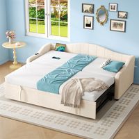 3ft Beige Velvet Daybed with Charging Station & Trundle - Convertible Sofa Bed with USB/Type-C Ports, 90x190cm Upholstered Bed for Living Room/Bedroom/Study, No Mattress