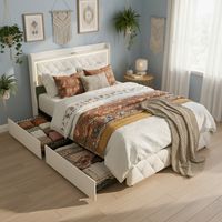 Doppelbett 140x190 cm aus Samt Beige, mit 4 Schubladen, Lattenrost aus Holz, Kopfteil mit LED-Beleuchtung und USB-Anschluss, dekoriert mit Nieten