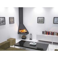 Cheminée à bois suspendue de coin gauche – Foyer acier 12 Kw – Double paroi – Pour bûches jusqu'à 60 cm – Dimensions H2200xL754xP450 mm – Focgrup