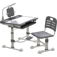 Ensemble Bureau et Chaise Enfant 3-12 Ans - Hauteur Réglable Lampe LED Incluse, Plateau Inclinable 45° Support de Lecture Tiroir et Porte-gobelet Gris