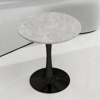 27.6-inch black coffee table, mid-century modern style dining table, suitable for 2-4 people, featuring a round marble tabletop with a light gray veined finish, perfect for various settings.