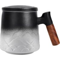 Mug en céramique avec filtre et couvercle, grande tasse à infusion avec anse en bois, cadeau (blanc)