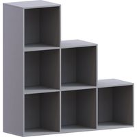Durham 6 Cube Bookcase Staircase Shelf Wooden Display Storage Rack Free Standing Shelf Unit, Grey-3-White-Baskets