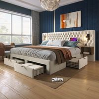 (=AB30261123B) Set camera da letto, letto matrimoniale imbottito 180×200 cm con 2 comodini e 4 cassetti, testiera con lampada da lettura e funzione di ricarica USB, velluto beige (materasso non inclus