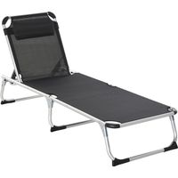 Chaise longue pliante de jardin pliante avec chaise longue coussin avec dossier réglable en 4 marches, chaise longue de camping jusqu’à 120 kg pour parc extérieur, jardin, noir