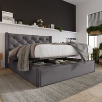 Lit coffre 140x200 cm Lit adulte avec tête de lit capitonné et sommier à lattes en métal, en coton, gris, sans matelas