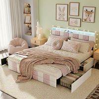 Eifson – Lit double 140x190 cm avec tête de lit à motif écossais – 4 tiroirs de rangement – Éclairage LED ajustable – Velours rose