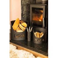 3 Piece Fireside Storage Set Steel Heavy Duty Log Basket Kindling Bucket Match Holder Black