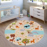 Paco Home Tapis Enfant, Tapis Poils Ras Chambre Enfant Différents Designs Tapis Jeu Coloré 200 cm rond, Multicolore 2