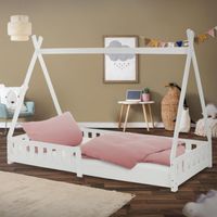 ML-Design Letto a Terra per Bambini Design Tipi 90 x 200 cm Bianco, Struttura in Legno di Pino Massiccio, con Sponde Protezione Anticaduta, Lettino Tenda Indiana, Giroletto Montessori per Cameretta