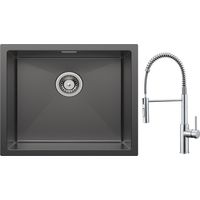 Cecipa Lavello da cucina a 1 vasca 50 x 44 cm in acciaio inox antracite + miscelatore da cucina a molla con doccetta estraibile, rubinetto lavello 2 modalità di uscita dell'acqua, spazzolato