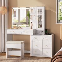 Coiffeuse avec miroir led et tabouret - table de maquillage moderne avec 8 tiroirs, prise usb et vitrine en verre pour chambre - 131.5x40x140 cm - blanc