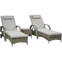Set of 2 extra-comfortable sun loungers: mattress, headrest, multi-position adjustable tilt, armrests, wheels + tempered glass coffee table in grey woven resin