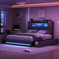 Lit Coffre 140x190CM avec 4 Tiroirs et Sommier - avec LED et USB - Tête de lit avec rangement - Cadre de Lit 2 Personnes - Sommier à lattes - sans matelas - Lin Gris