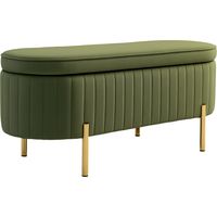 Panca Contenitore Ovale da 72L con Coperchio Sollevabile, in Tessuto Effetto Velluto e Legno, 108x44x43.5 cm, Verde