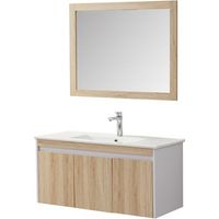 Ensemble de meubles de salle de bain suspendu en MDF blanc et naturel – Meuble sous-vasque 99 cm avec miroir et vasque en porcelaine – Wilsa Garden