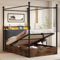 Lit métal 90x190 cm, lit canopy avec coffre hydraulique, LED USB/Type-C, lit ado multifonction noir