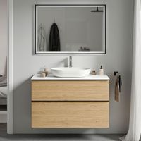 BERNSTEIN - Mueble lavabo suspendido MDF roble miel, encimera de lavabo blanco mate, tirador negro mate 80x46x62cm - LAVOA Negro mate, Roble Miel Oro, blanco mate