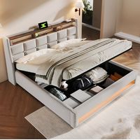 Cama doble con almacenamiento LED y USB beige OKMYHOME