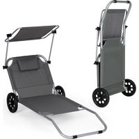 Foldable Beach Lounger with Wheels and Canopy, Grey