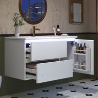 Hängender Badezimmerschrank – 91,5 x 46,5 x 50,5 cm – LED-Radar-Sensor – 2 geräuscharme Schubladen – Keramikwaschbecken – Weiß lackiert