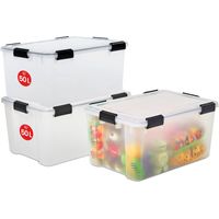 Iris Ohyama 3 Cajas herméticas de plástico con tapa y cierres a presión, 50L, Transparente, sello impermeable, apilables, antipolvo, para ropas, camping, exteriores, cubo de almacenaje, box, AT-L