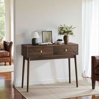 Mid-Century Konsolentisch Nussbaum, 2 Schubladen mit Wellenfront, Retro-Flurtisch für Wohnzimmer Flur LINHOO