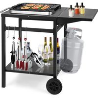 Goplus – Desserte de jardin chariot de barbecue 2 niveaux – Métal noir – 96,5x64x75cm – 4 crochets – Plateau pliant – 2 roues antidérapantes