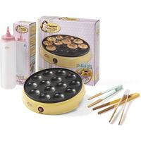 Bestron Poffertjesmaker, confezione vantaggiosa con bottiglia e 3 pinze da portata, ideali per Natale, Pasqua o compleanno per bambini, design retrò, 800 Watt, colore: Giallo/Rosa