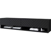 Mueble de TV Lowboard A 140 cm, mueble de televisión con iluminación LED, dos estanterías, color negro mate espiga