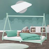 ML-Design Lit d'Enfants Tipi 90x200 cm Vert Menthe avec Matelas à Mousse Froide, H:16 cm, Housse Amovible, Sommier à Lattes, Style Indien, Lit en Bois de Pin Massif pour Intérieur, pour Filles/Garçons