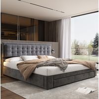 Cama tapizada 180/200 cm gris de terciopelo con almacenaje y cabecero regulable