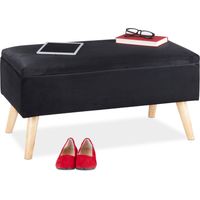Banco Relaxdays con almacenaje, tapizado en terciopelo, 40 L, acolchado, patas de madera, 41 x 80 x 40 cm, negro
