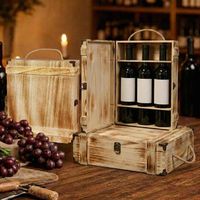 3 caisses en bois pour trois bouteilles, avec poignée et bouchon en métal