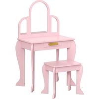 Tocador para Niños con Espejo y Taburete Tocador Infantil Tocador de Maquillaje para Niña de 3 a 6 Años con Cajón Rosa