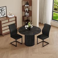 Conjunto de comedor redondo de MDF negro con 2 sillas de PU negro acolchadas, base cilíndrica y patas antideslizantes
