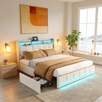Camas con cajones 140 x 200 cm con espacio de almacenamiento integrado, 4 cajones, puerto USB-C, tira luminosa LED regulable y tejido de lino beige